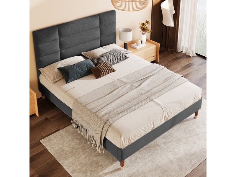  Lit double 140x200cm avec sommier à lattes, cadre de lit rembourré avec tête de lit, en lin gris foncé, pour adulte et adolescents  - Conforama C
