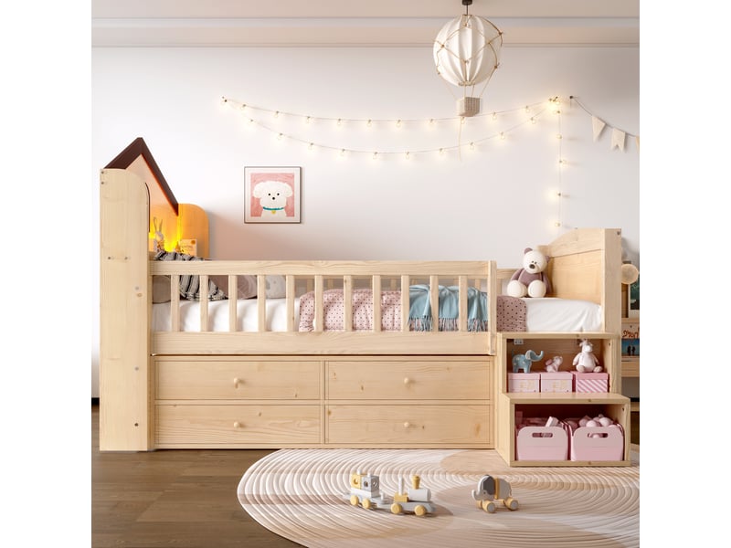  Lit mezzanine enfant 90×200 cm avec 4 tiroirs, led et échelle - okmyhome- étagères, sans matelas, pin naturel  - Conforama B