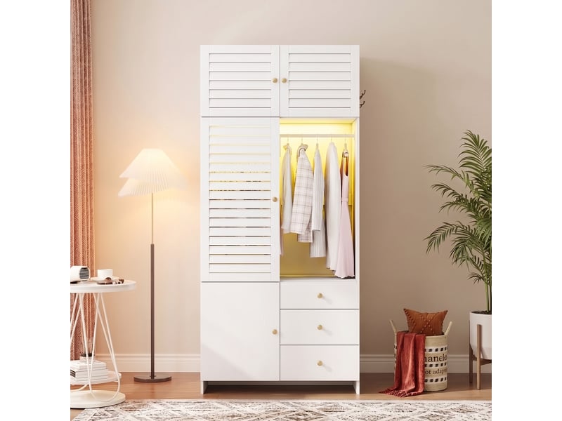  Armoire chambre 90x50x200 cm, avec panier à linge intégré et tringle led, avec 3 tiroirs, en panneaux de particules style persienne, blanc  - Conforama B