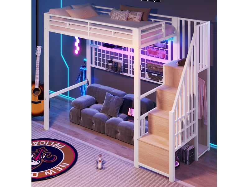  Lit mezzanine 90 x 200 cm en métal, escalier de rangement et led 7 couleurs, blanc  - Conforama B
