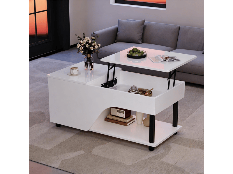  Table basse relevable blanche 100x50 cm avec rangement caché, plateau réglable et éclairage led brillant  - Conforama R