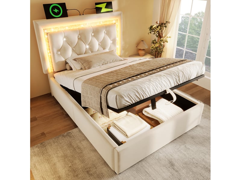  Lit coffre 90x200 cm avec led et ports usb type c en velours beige  - Conforama C