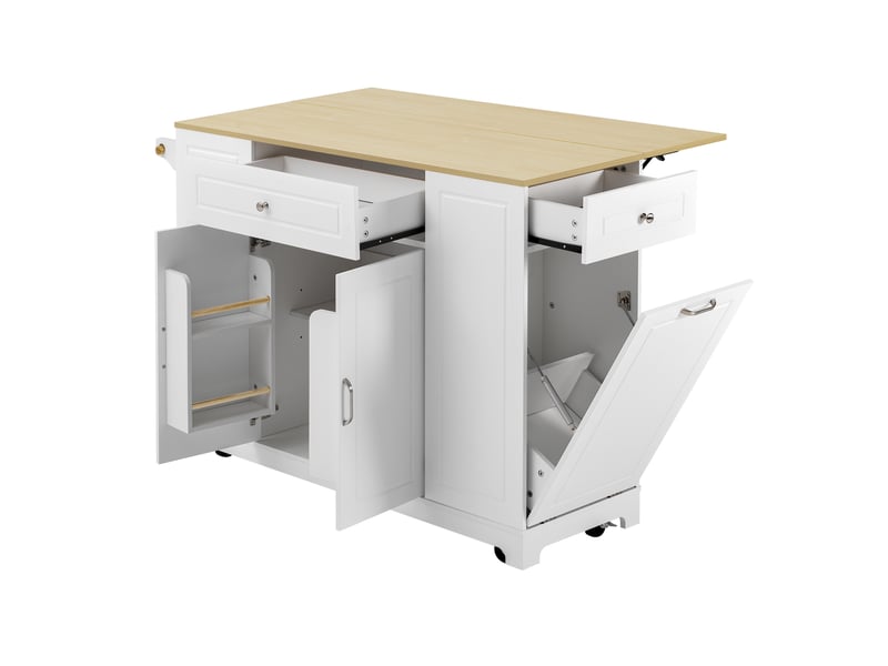  Îlot de cuisine 131,8x40(70)x93,3 cm avec 2 tiroirs, 3 portes, plateau pliable, pour cuisine, en mdf, bois et blanc  - Conforama E