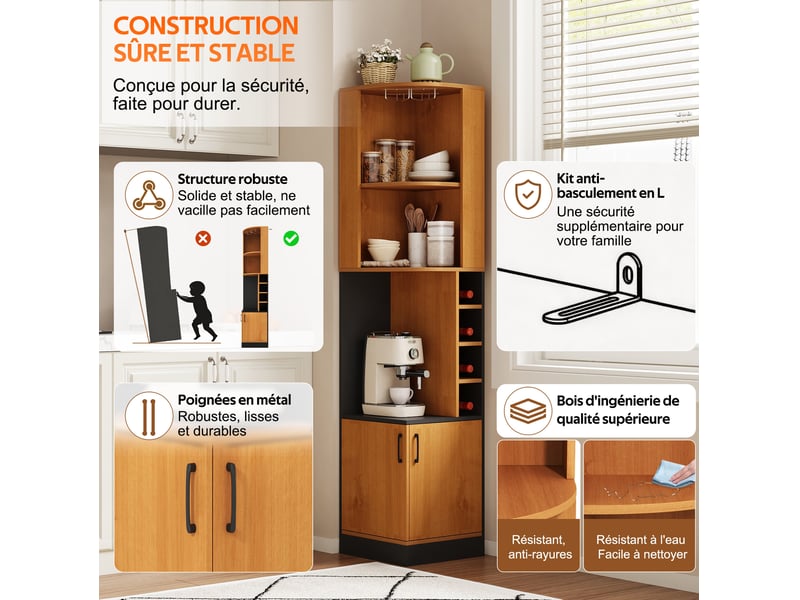  Meuble d'angle bar avec porte, 4 casiers à vin et porte-verres, en mdf naturel pour cuisine et séjour, 40 × 40 × 182 cm  - Conforama E