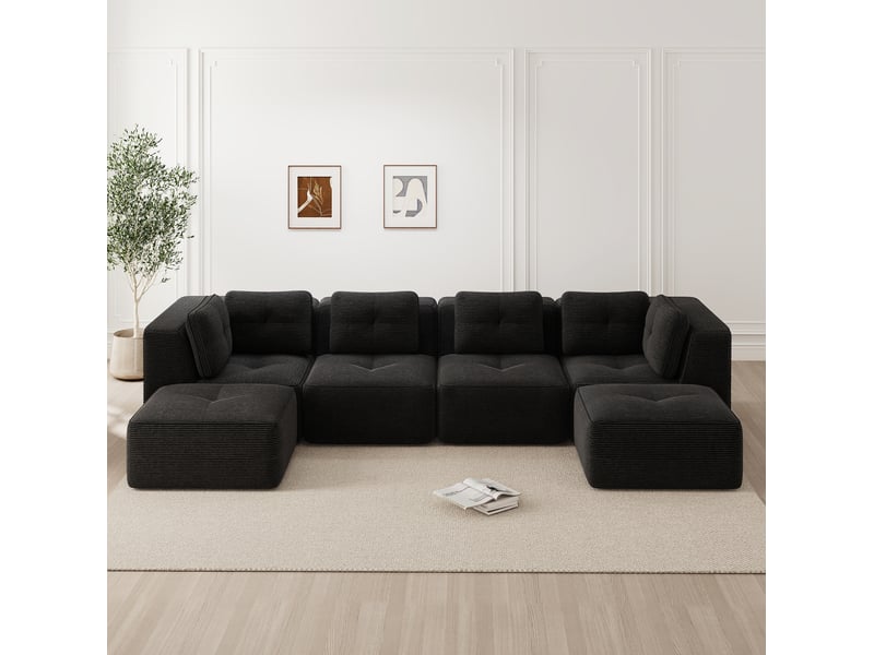 Canapé modulable en u 4 places 386x177x69 cm, sans montage, assise profonde, tissu en velours côtelé, noir - Conforama B