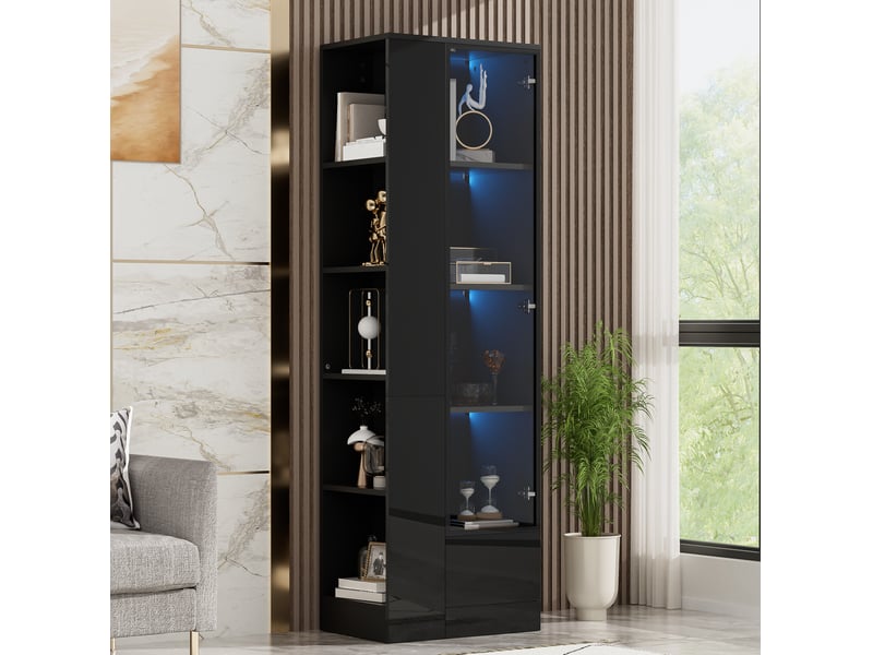  Vitrine avec porte vitrée 50x35x160 cm – noir – led réglable, tiroir, étagères ouvertes, finition brillante  - Conforama B