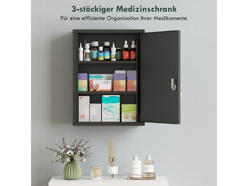 Armoire à pharmacie murale avec serrure, armoire murale en acier à 3 niveaux, 40 x 15 x 53,5 cm, noire - Conforama E