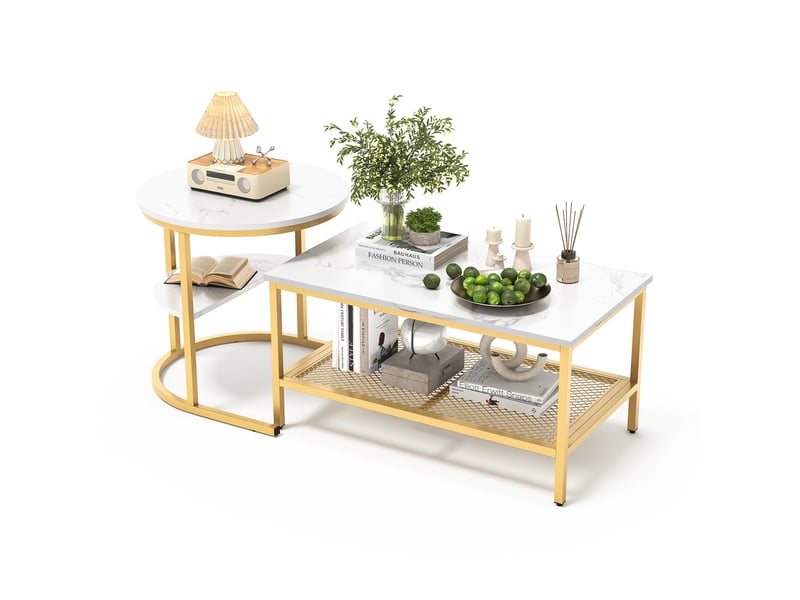  Lot de 2 tables basse gigogne - table de salon rond et rectangle - avec double plateau de rangement - doré  - Conforama C