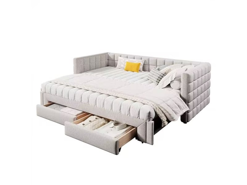 Lit banquette extensible 90x200 cm en velours beige avec 2 tiroirs - transformable 180 cm  - Conforama A