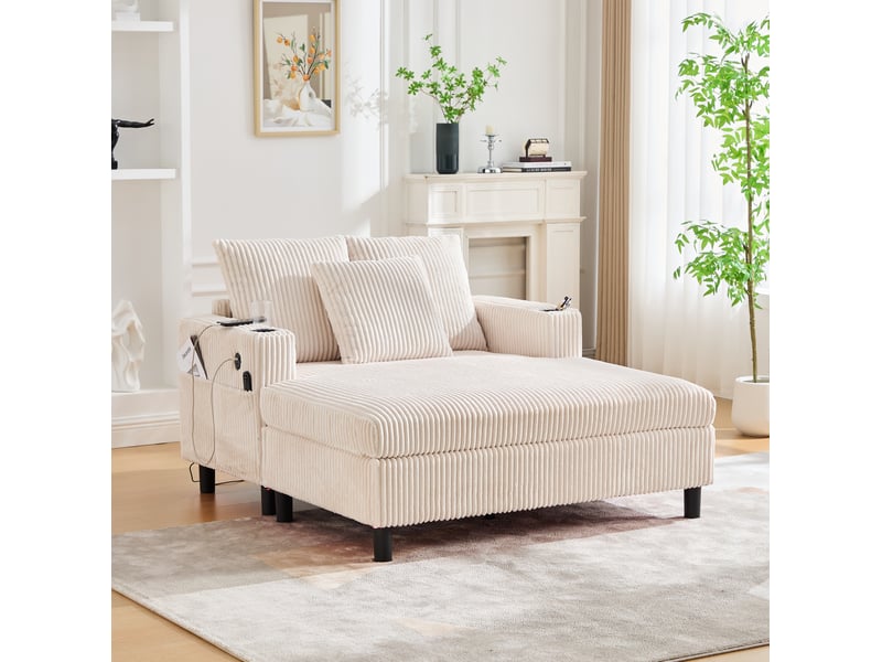 Fauteuil relax chaise longue fixe 1 place en velours côtelé beige avec usb, led et porte-gobelets pour salon - Conforama B