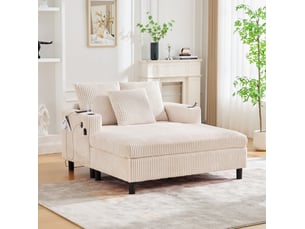 Fauteuil relax chaise longue fixe 1 place en velours côtelé beige avec usb, led et porte-gobelets pour salon