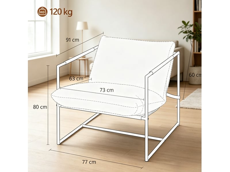 Fauteuil de salon avec grande assise rembourrée et structure en acier carbone, tissu bouclette crème 77 × 91 × 80 cm - Conforama D