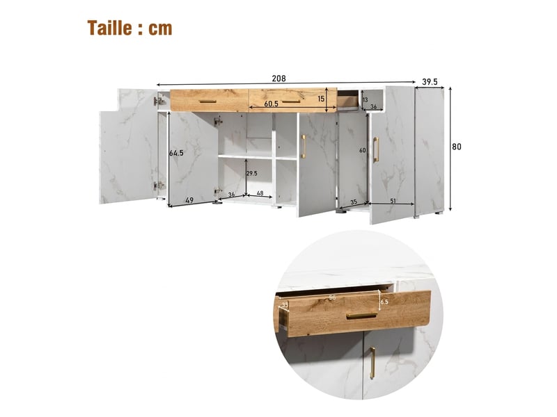 Buffet 4 portes 2 tiroirs blanc marbré meuble de rangement 208 cm pour salon - Conforama C