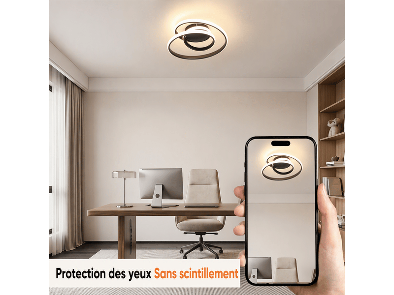  Plafonnier led anneau spiralé, d30 x h8,5 cm, lampe de plafond 37 w 2639 lm, noir sable, 3000 k blanc chaud, salon, chambre, cuisine  - Conforama D