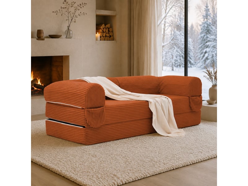  Canapé convertible 2 places en lit double  - accoudoirs rembourrés, velours côtelé - orange  - Conforama C