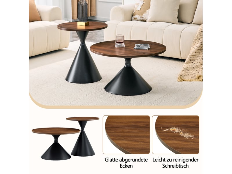  Tables basses gigognes set de 2 avec plateaux coniques, en mélamine effet noyer et métal noir pour salon  - Conforama E