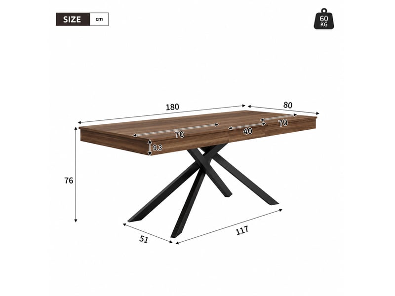  Table de salle à manger extensible pour 6 à 8 personnes avec plateau en mdf et pieds croisés en métal, coloris noyer  - Conforama C