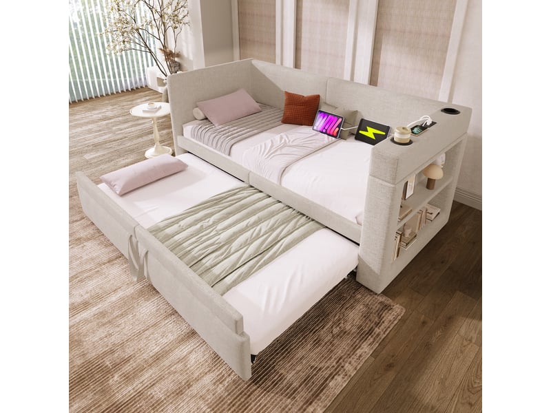 Lit gigogne 90x200 cm - lit banquette rembourré avec usbtype-c, porte-gobelets et lit d'appoint - beige - Conforama B