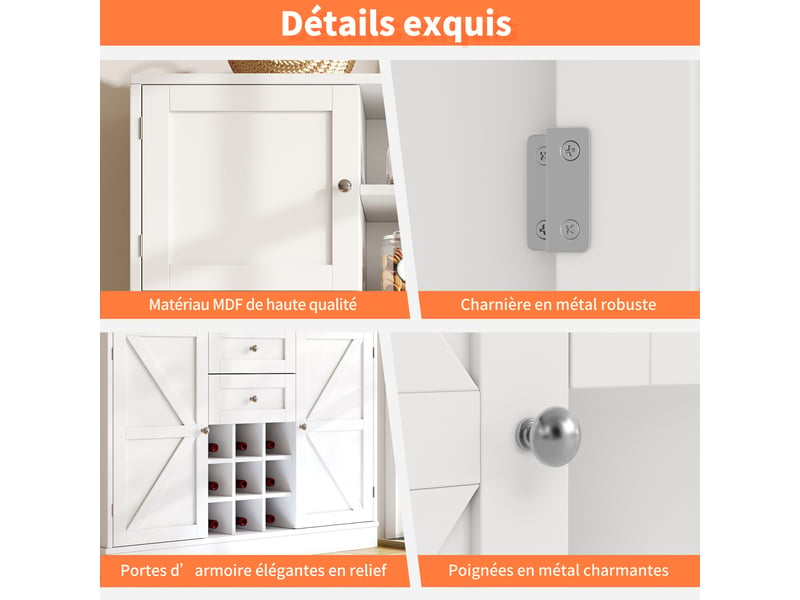  Buffet haut cuisine - étagères réglables-porte-bouteilles- 4 portes et 2 tiroirs- meuble rangement blanc 124x40x188 cm  - Conforama E