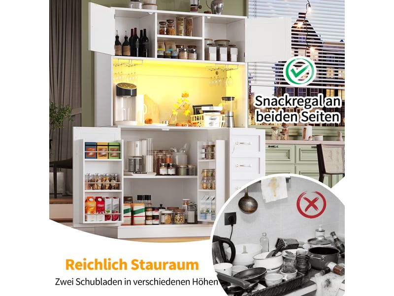  Armoire de cuisine, avec éclairage led, 120 x 40 x 188 cm, avec 4 portes, coloris vert et noir et blanc, solution de rangement fonctionnelle  - Conforama W