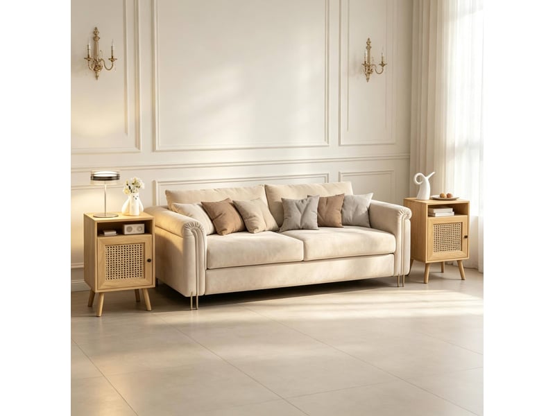  Lot de 2 tables de chevet 39 x 35 x 60 cm avec porte en rotin tressé naturel  - Conforama B