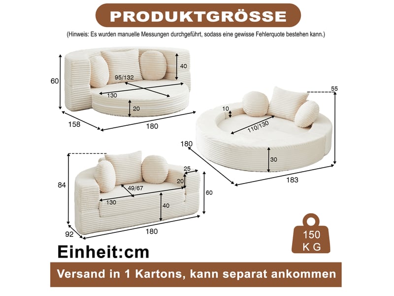  Canapé convertible modulaire 4-en-1 180x92x60 cm – beige – lit de jour rond avec 3 coussins assortis  - Conforama C
