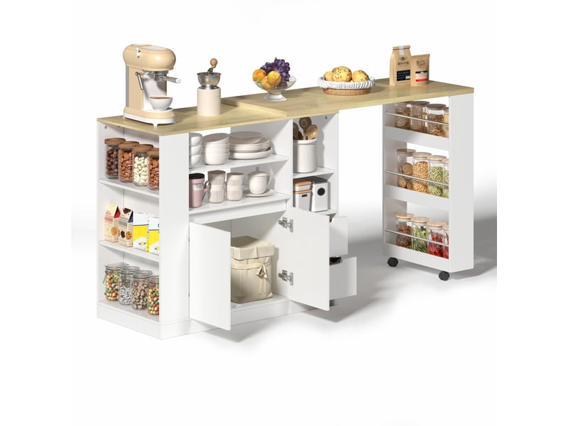  Îlot de cuisine avec plan de travail extensible, îlot central 115 cm avec rangement, mdf blanc et bois naturel, 115x50x92 cm.  - Conforama A