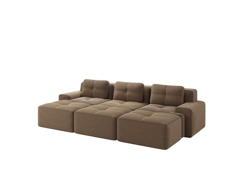  Canapé d'angle ulevr modulable 3 places avec fonction couchage et 3 poufs, velours côtelé marron, 293 x 177 x 69 cm  - Conforama A