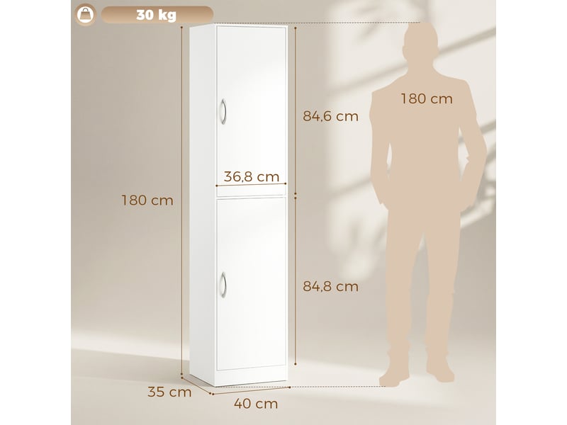  Bibliothèque de 180 cm de haut, étagère moderne à 5 niveaux avec tablettes réglables, meuble de rangement autoportant, blanc  - Conforama E