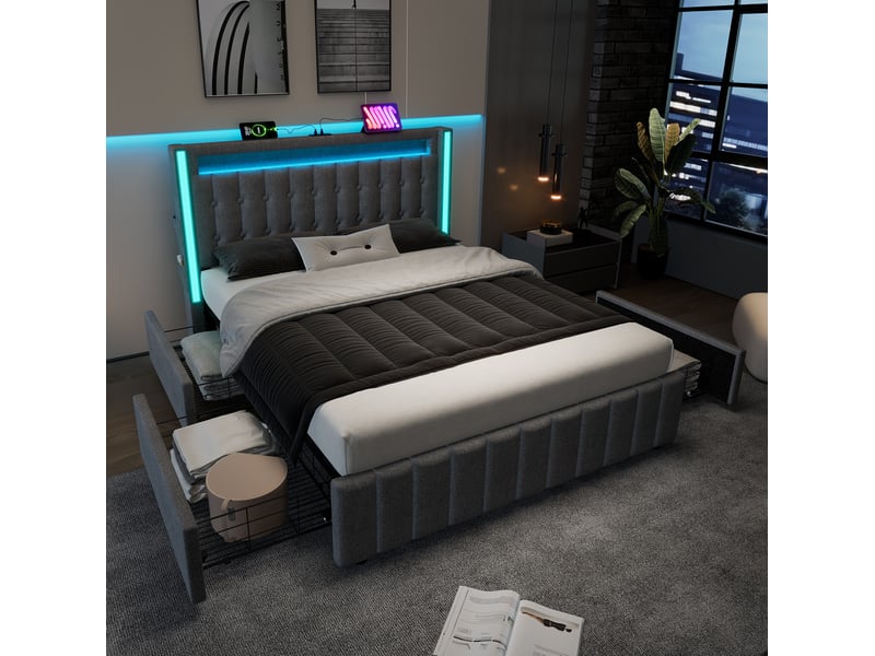 Lit rembourré ulevr 160x200 cm avec led, 4 tiroirs de rangement, ports usb et usb-c, cadre de lit gris en tissu lin  - Conforama E
