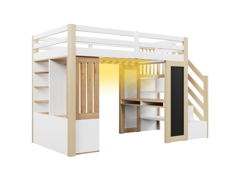 Lit mezzanine 90 x 200 cm, lit enfant avec bureau, avec escalier de rangement, avec armoire, blanc et bois naturel, bois et mdf IKSETERA TRADING LTD - Conforama A