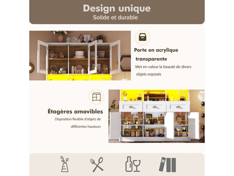  Meuble de cuisine muvano, buffet de cuisine haut avec éclairage led, blanc, 140 × 40 × 175 cm  - Conforama E