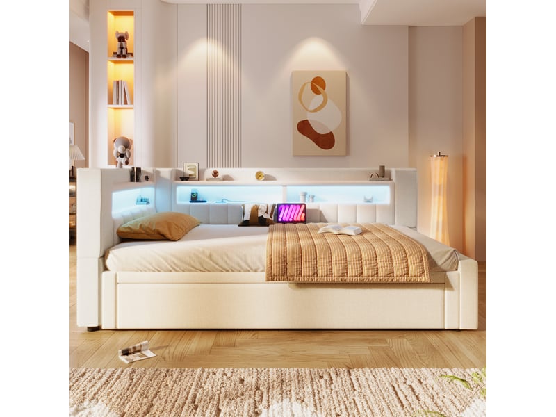  Lit gigogne convertible 90180x200 cm avec led et usb-c, tissu lin beige, structure mdf, sans matelas  - Conforama R