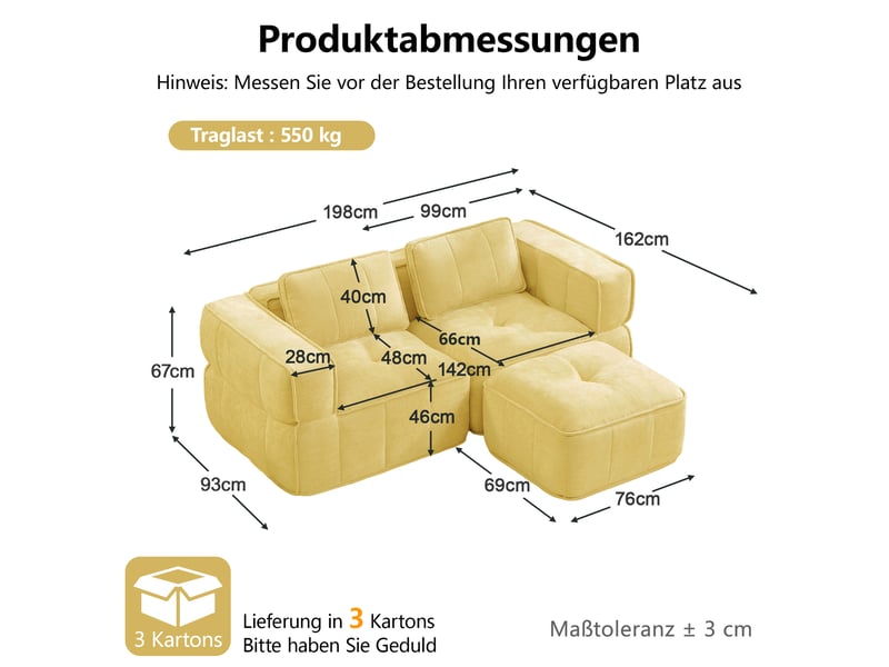  Canapé d'angle modulable 2 places en polyester, forme l avec pouf, jaune  - Conforama C