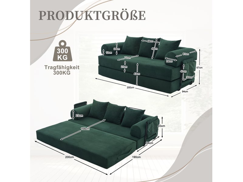 Canapé modulaire 3 places configurable avec poche latérale et 3 coussins en velours côtelé vert émeraude  - Conforama C