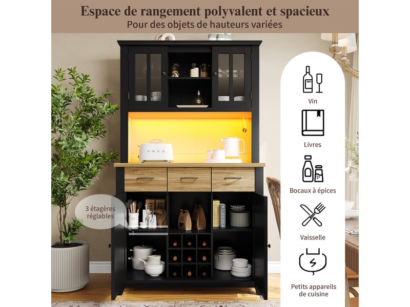 Buffet haut 106x40x179.5cm, armoire cuisine avec led avec étagères réglables, grande capacité de rangement, style moderne - bois et noir evarich - Conforama E