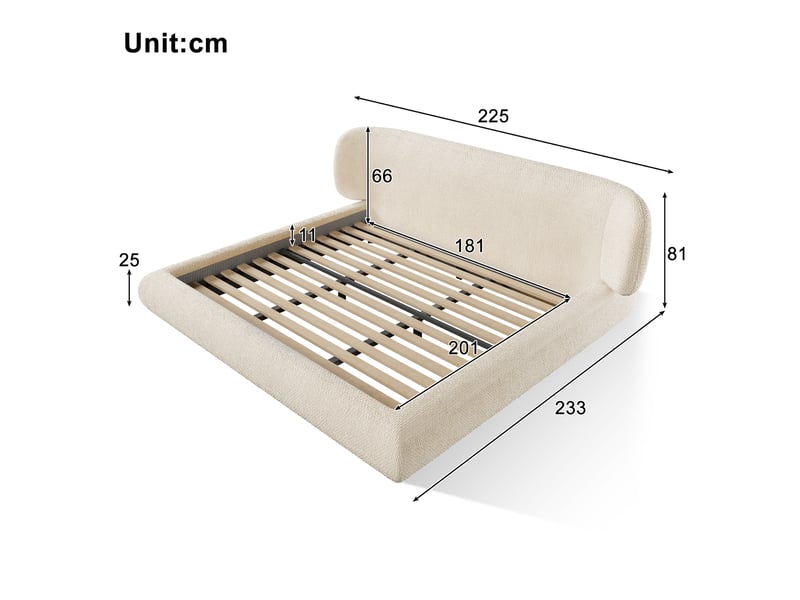  Lit rembourré 180 × 200 cm 2 places avec tête de lit, sommier et bords arrondis, sans matelas, beige  - Conforama D
