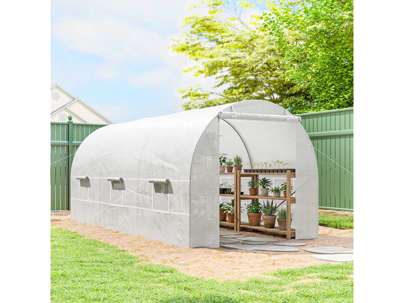  Serre tunnel avec porte enroulable et 6 fenêtres pour la culture de plantes et de légumes 445 x 200 x 200 cm blanc  - Conforama D