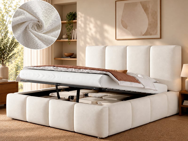 Lit double rembourré 180x200cm, mécanisme hydraulique, sommier lattes, tête de lit et grand rangement, blanc bouclé  - Conforama B