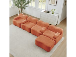 Canapé d'angle, canapé modulable, mousse haute densité, orange, 4 places, en tissu, avec pouf, sans cadre, avec accoudoirs