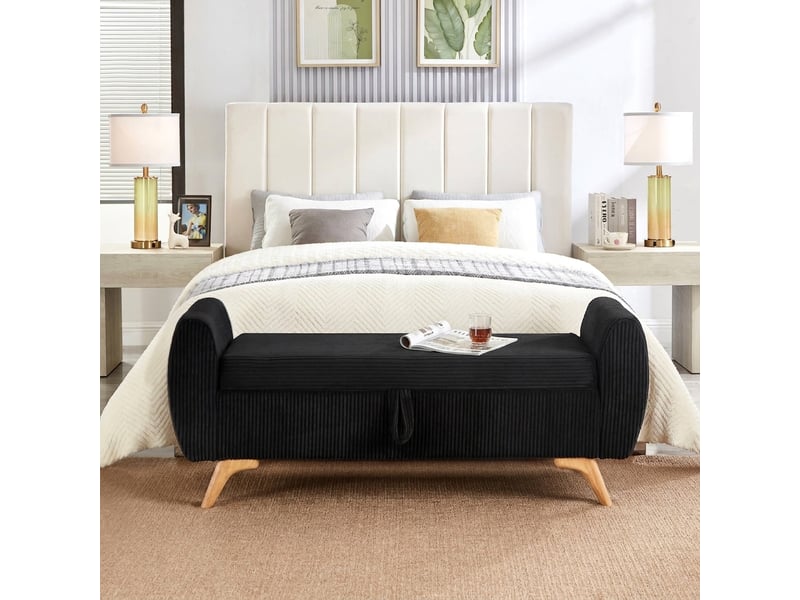  Banc de rangement noir 145 cm en velours côtelé avec coffre et pieds en bois  - Conforama B