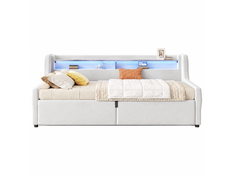  Lit coffre lit simple en flanelle avec rangement hydraulique et éclairage led, 200×90 cm, sans matelas, blanc cassé  - Conforama A
