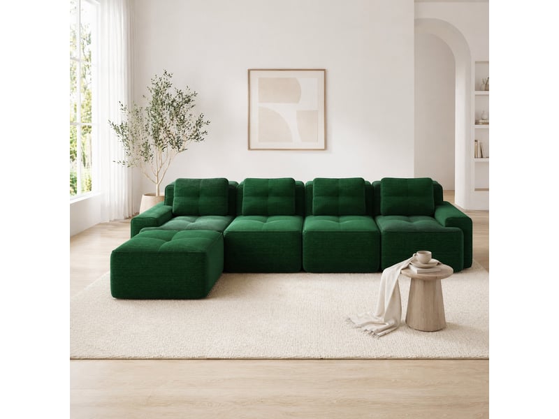  Canapé d’angle modulable 4 places en velours côtelé vert, assise profonde et confort moelleux pour le salon  - Conforama B