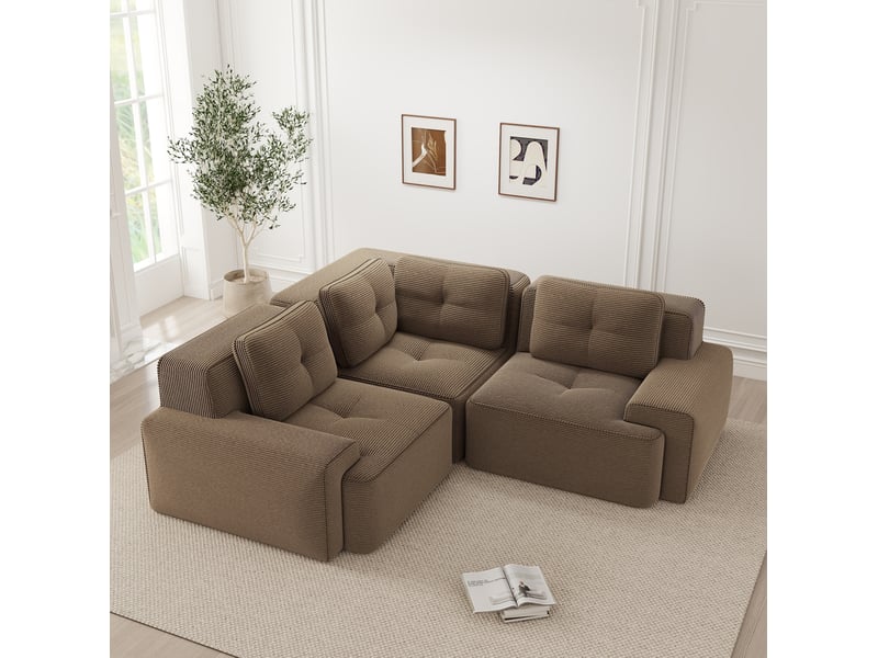 Canapé d'angle fixe 3 places modulable en velours côtelé marron 206 × 206 cm, sans montage pour le salon - Conforama E