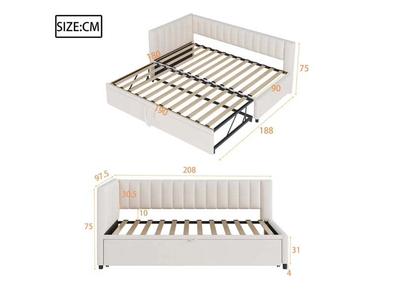  Lit enfant gigogne 90x200cm, gain de place, tête de lit confort, style moderne, velours beige, sans matelas  - Conforama C