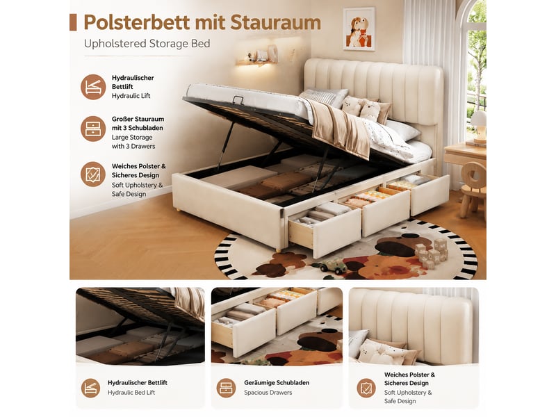  Lit coffre beige 140 × 200 cm en velours, avec relevage hydraulique, protection latérale, structure rembourrée  - Conforama C