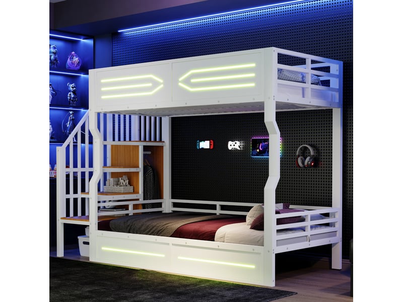 Lit adulte mezzanine 90 200 rangement escalier led métal blanc jeunes compact homvra - Conforama D