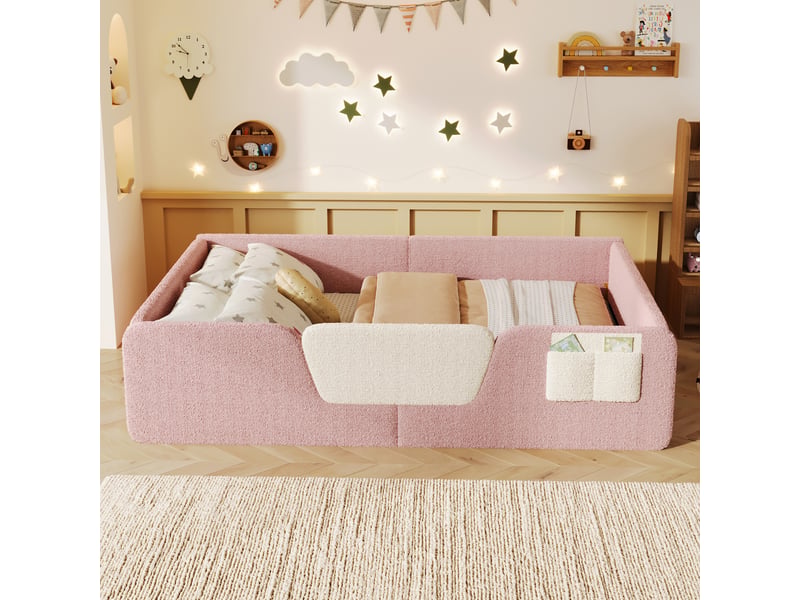 Lit rembourré 140 x 190 cm, barrières de sécurité amovibles, poche de rangement intégrée, velours, rose Bliss Lite - Conforama D