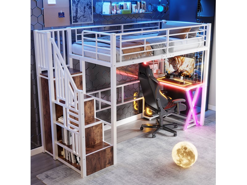  Lit mezzanine 90x200 cm avec bureau, armoire, rangements et led blanc  - Conforama B