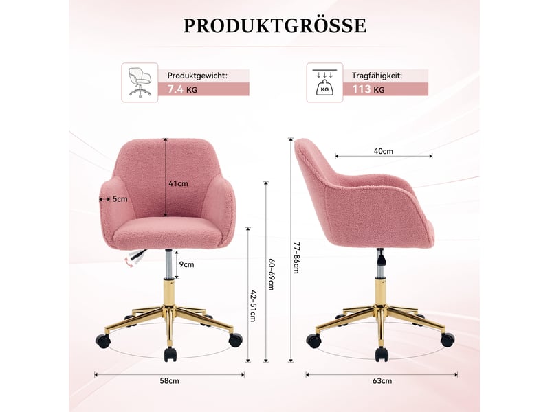 Chaise de bureau moderne rose en tissu bouclette teddy, réglable en hauteur, rotative 360° avec base or - Conforama E
